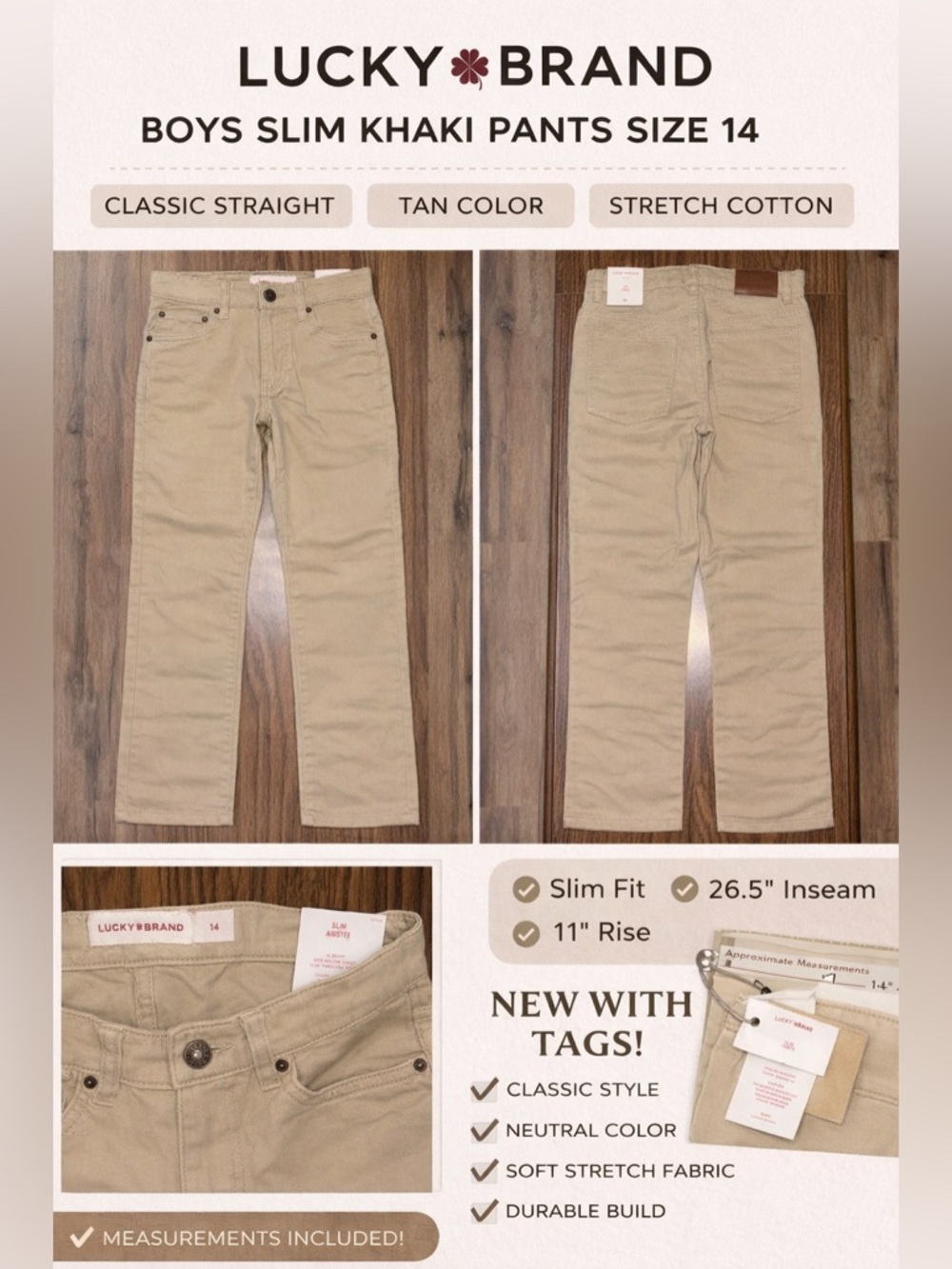 Lucky Brand Boys‎ Slim Khaki Pants Size 14 Tan Stretch Straight 26.5 Inseam
